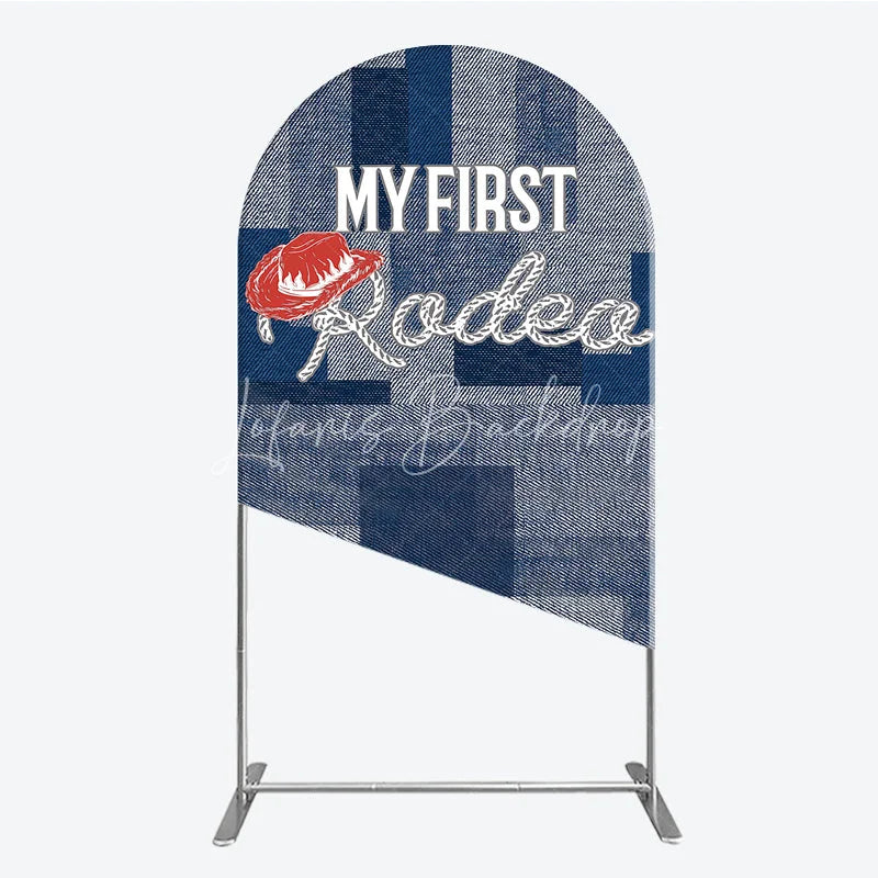 Lofaris My First Rodeo Birthday Arch Backdrop Western Cowboy Theme with Denim Print Boy’s 1st Party