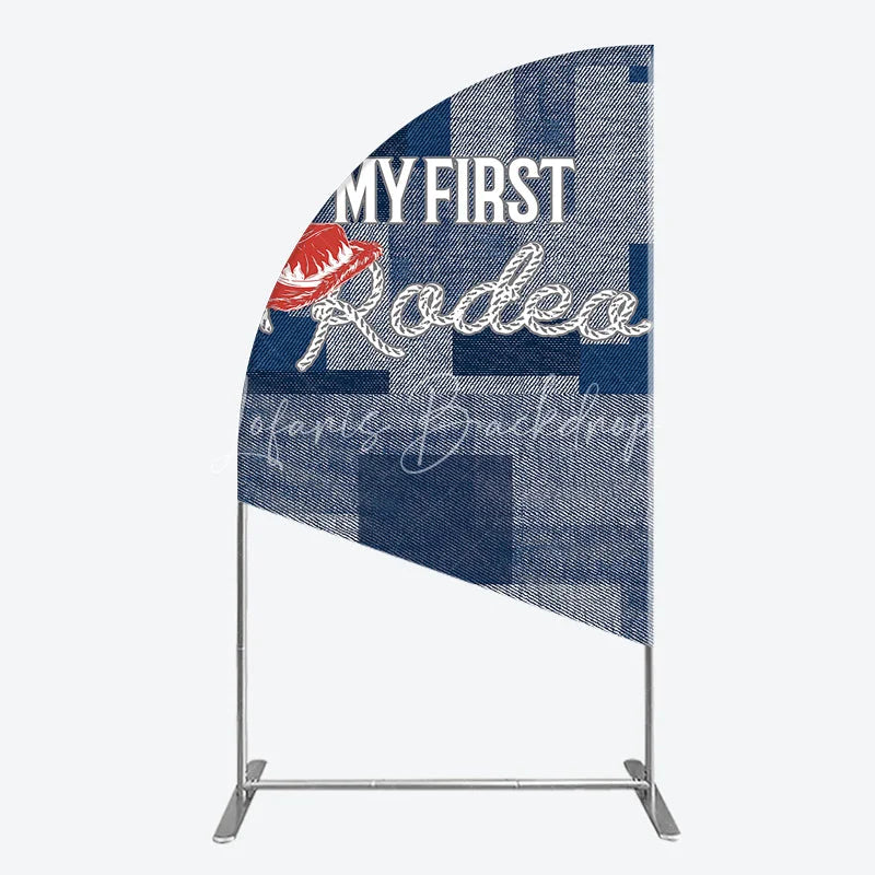 Lofaris My First Rodeo Birthday Half Moon Arch Backdrop Western Cowboy Theme with Denim Print Boy’s 1st Party