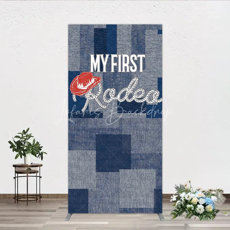 Lofaris My First Rodeo Birthday Rectangle Backdrop Western Cowboy Theme with Denim Print Boy’s 1st Party