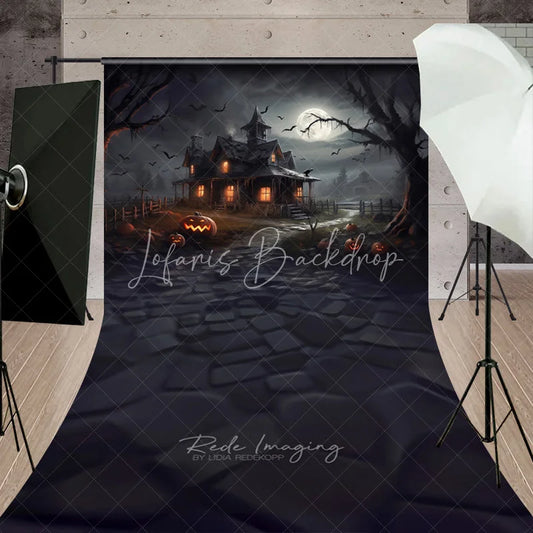 Lofaris Mysterious Haunted House and Full Moon Halloween Sweep Backdrop with Flying Bats Spooky Jack-o’-Lantern Night Decor.
