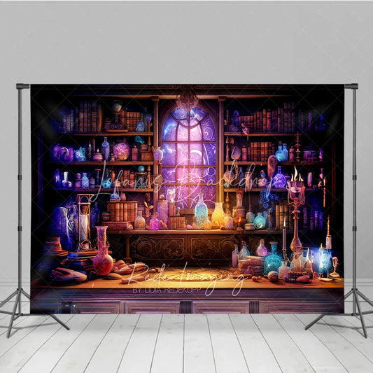 Lofaris Mystical Alchemist Lab with Glowing Potions and Cosmic Window Holiday Backdrop Enchanting Fantasy Decor