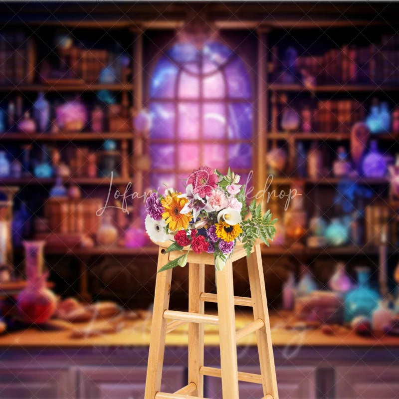 Lofaris Mystical Alchemist Lab with Glowing Potions and Cosmic Window Holiday Backdrop Enchanting Fantasy Decor