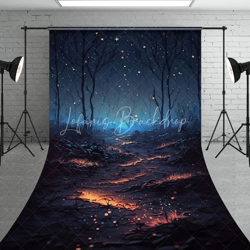 Lofaris Mystical Dark Forest Sweep Backdrop featuring a Magical Glowing Path and Sparkling Starry Night Sky
