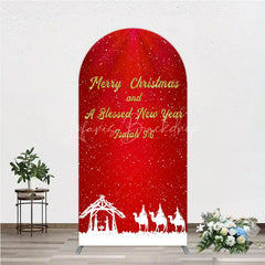 Lofaris Nativity Scene Merry Christmas Arch Backdrop Red Snowy Blessed New Year Party Cover
