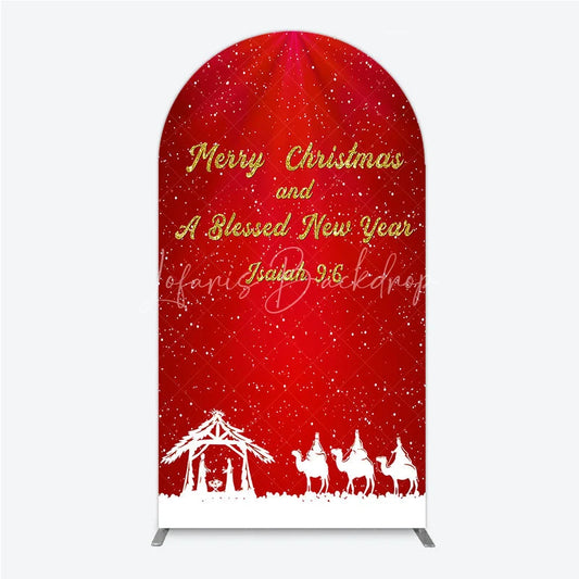 Lofaris Nativity Scene Merry Christmas Arch Backdrop Red Snowy Blessed New Year Party Cover