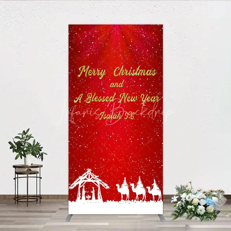 Lofaris Nativity Scene Merry Christmas Rectangle Backdrop Red Snowy Blessed New Year Party Cover