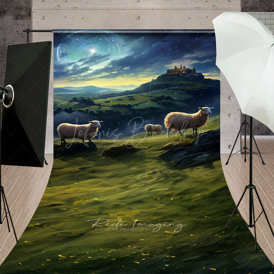 Lofaris Nativity Scene Sweep Photo Backdrop Shepherds and Sheep Watching Star of Bethlehem Religious Christmas Prop