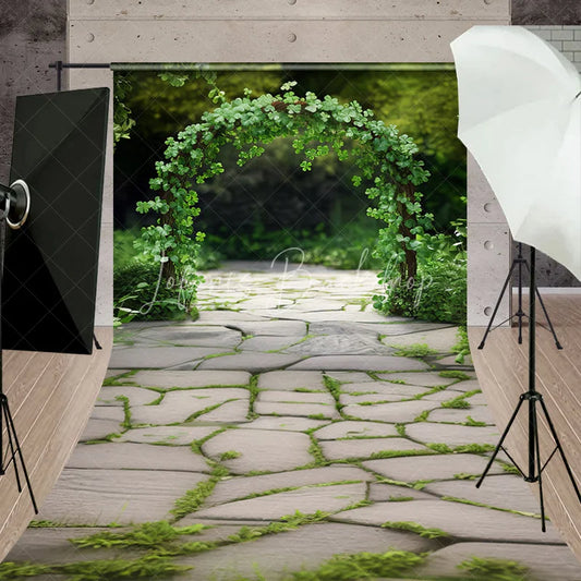 Lofaris Natural Green Clover Archway and Stone Pathway Sweep Backdrop Rustic Garden Photography Prop