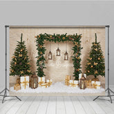 Lofaris Natural Rustic Christmas Arch Photography Backdrop Garland with Lanterns and Presents Holiday Photo Background