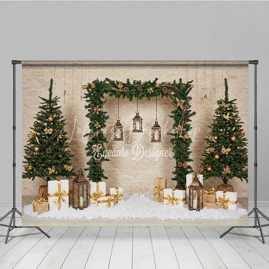 Lofaris Natural Rustic Christmas Arch Photography Backdrop Garland with Lanterns and Presents Holiday Photo Background