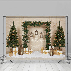 Lofaris Natural Rustic Christmas Arch Photography Backdrop Garland with Lanterns and Presents Holiday Photo Background