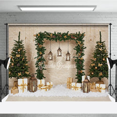 Lofaris Natural Rustic Christmas Arch Photography Backdrop Garland with Lanterns and Presents Holiday Photo Background