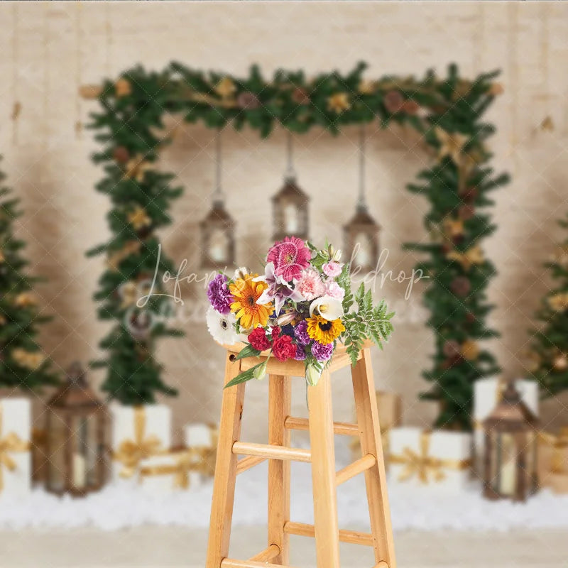Lofaris Natural Rustic Christmas Arch Photography Backdrop Garland with Lanterns and Presents Holiday Photo Background