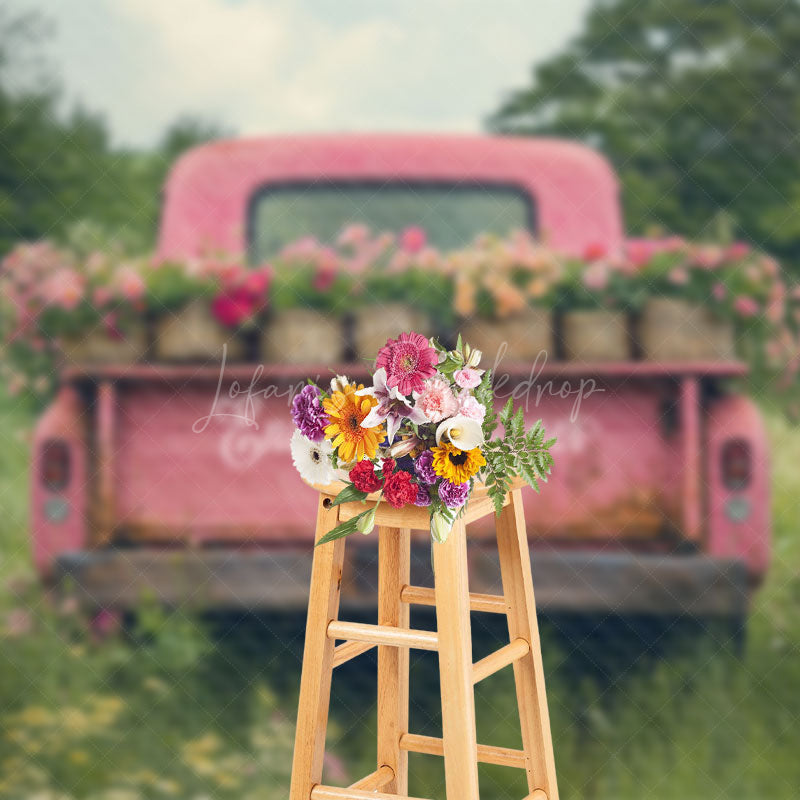 Lofaris Natural Spring Field Pink Truck Floral Backdrop