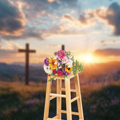 Lofaris Natural Sunset Sky Cloud Cross Field Easter Backdrop