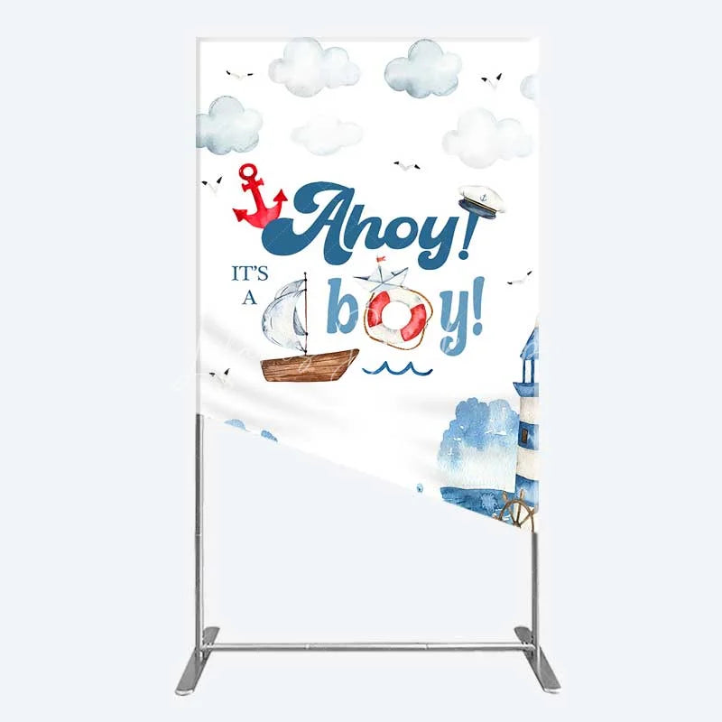 Lofaris Nautical Ahoy It is a Boy Rectangle Backdrop Whale Lighthouse and Anchor Baby Shower Decoration