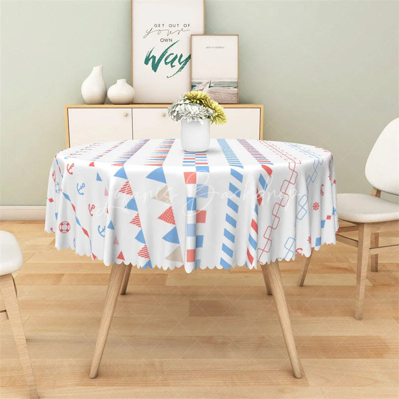 Lofaris Nautical Anchor Stripe Round Tablecloth Blue Red Lifebuoy Sailor Table Cover for Baby Shower