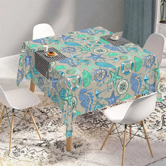 Lofaris Nautical Teal Sea Life Rectangle Tablecloth Seahorse and Starfish Beach Pattern Table Cover