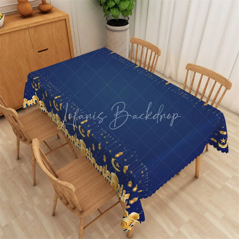 Lofaris Navy Blue and Gold Ramadan Lanterns Rectangle Tablecloth Islamic Mosque Crescent Moon Table Cover for Eid