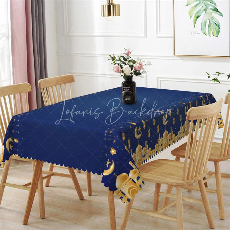 Lofaris Navy Blue and Gold Ramadan Lanterns Rectangle Tablecloth Islamic Mosque Crescent Moon Table Cover for Eid