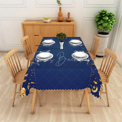 Lofaris Navy Blue and Gold Ramadan Lanterns Rectangle Tablecloth Islamic Mosque Crescent Moon Table Cover for Eid
