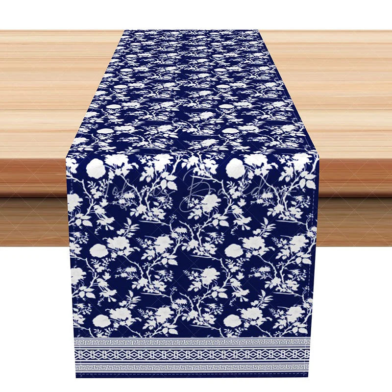Lofaris Navy Blue and White Floral Silhouette Table Runner Greek Key Border Modern Farmhouse Dining Decor
