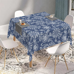Lofaris Navy Blue and White Mandala Floral Rectangle Tablecloth Ornate Bohemian Pattern Table Cover