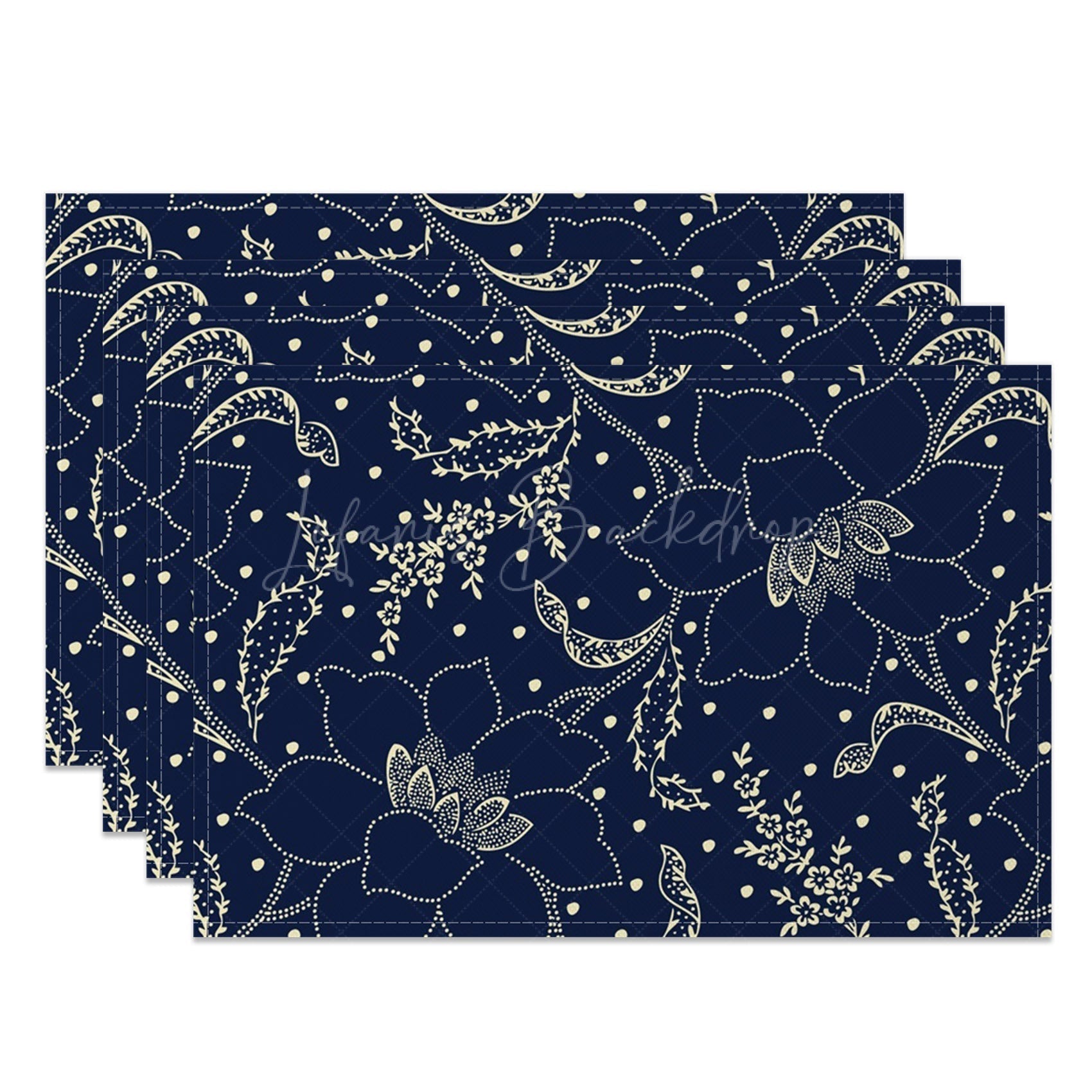 Lofaris Navy Blue Beige Lines Floral Set Of 4 Placemats