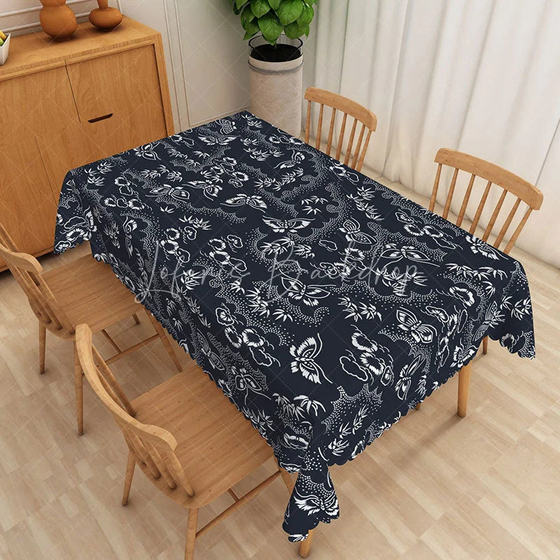 Lofaris Navy Blue Butterfly Floral Rectangle Tablecloth Traditional Pattern Dining Table Cover for Home