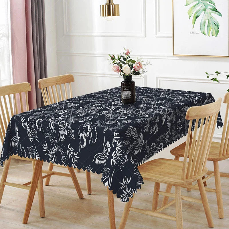 Lofaris Navy Blue Butterfly Floral Rectangle Tablecloth Traditional Pattern Dining Table Cover for Home