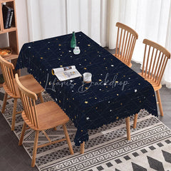 Lofaris Navy Blue Celestial Rectangle Tablecloth with Gold Stars Elegant Modern Starry Night Party Dining Decor
