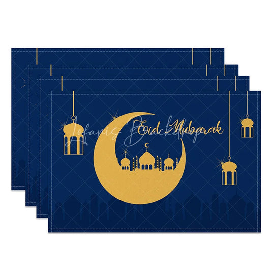 Lofaris Navy Blue Eid Mubarak Set of 4 Placemats Golden Crescent Moon and Mosque Silhouette Dining Table Mats