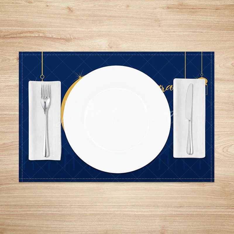 Lofaris Navy Blue Eid Mubarak Set of 4 Placemats Golden Crescent Moon and Mosque Silhouette Dining Table Mats