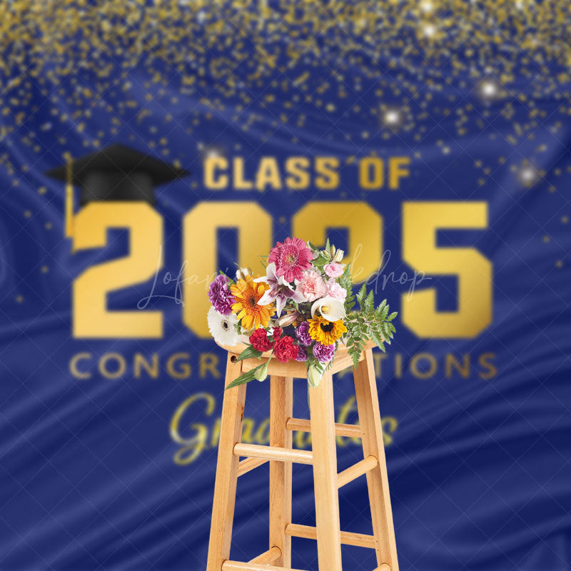 Lofaris Navy Blue Gold Glitter Congratulations Grad Backdrop