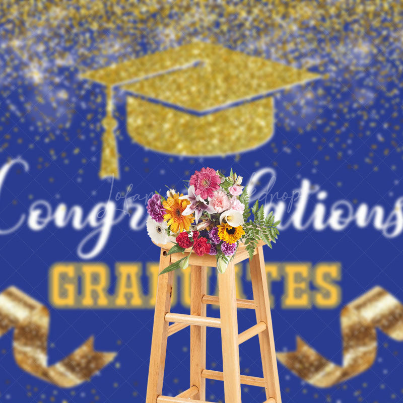 Lofaris Navy Blue Gold Glitter Ribbons Congrats Grad Backdrop