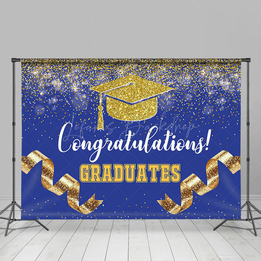 Lofaris Navy Blue Gold Glitter Ribbons Congrats Grad Backdrop
