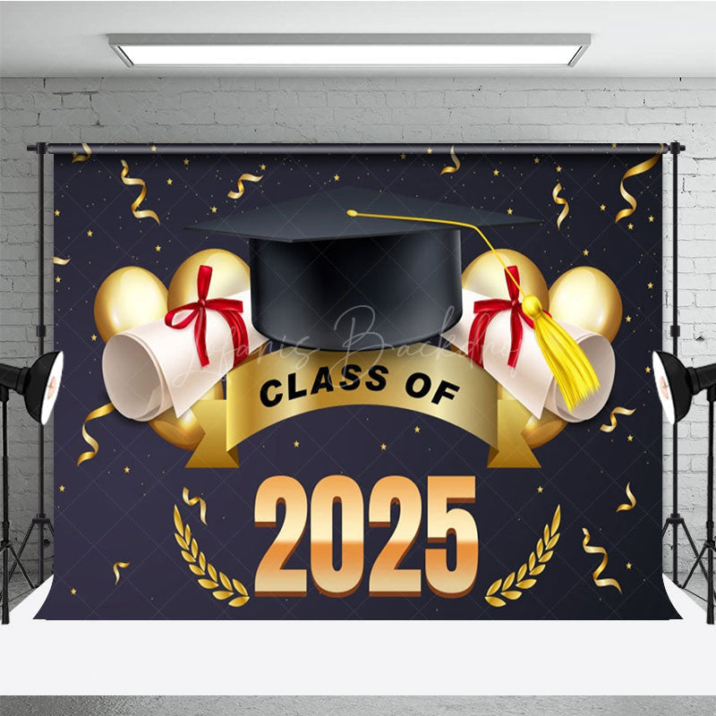 Lofaris Navy Blue Gold Ribbons Cap Congrats Grad Backdrop