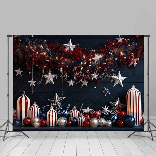 Lofaris Navy Blue Holiday Backdrop Hanging Stars Red White Ornaments Striped Vases Photo Background