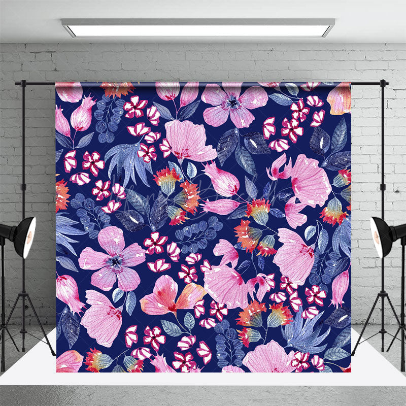 Lofaris Navy Blue Pink Floral Leaves Fine Art Photo Backdrop