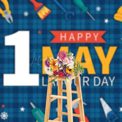 Lofaris Navy Blue Plaid 1st May Happy Labour Day Backdrop