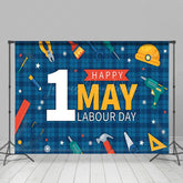 Lofaris Navy Blue Plaid 1st May Happy Labour Day Backdrop