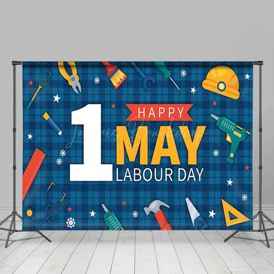 Lofaris Navy Blue Plaid 1st May Happy Labour Day Backdrop