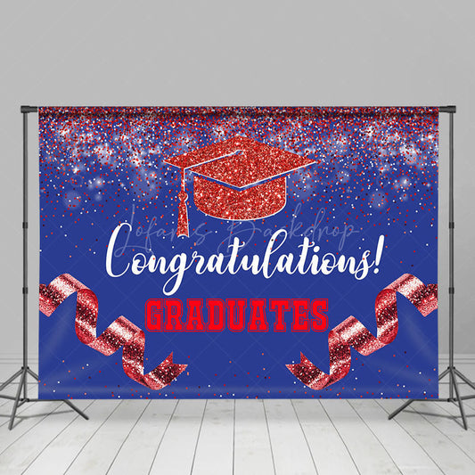 Lofaris Navy Blue Red Glitter Ribbons Congrats Grad Backdrop