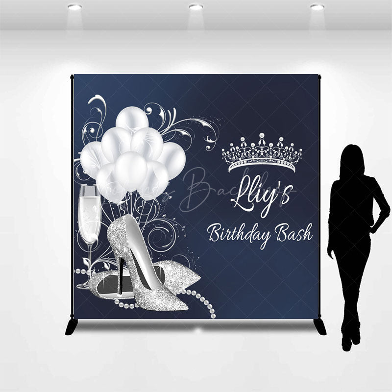 Lofaris Navy Blue Silver Crown Custom Name Birthday Backdrop