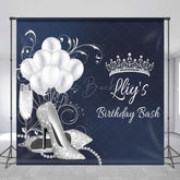 Lofaris Navy Blue Silver Crown Custom Name Birthday Backdrop