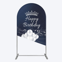 Lofaris Navy Blue Silver Crown Happy Birthday Arch Backdrop