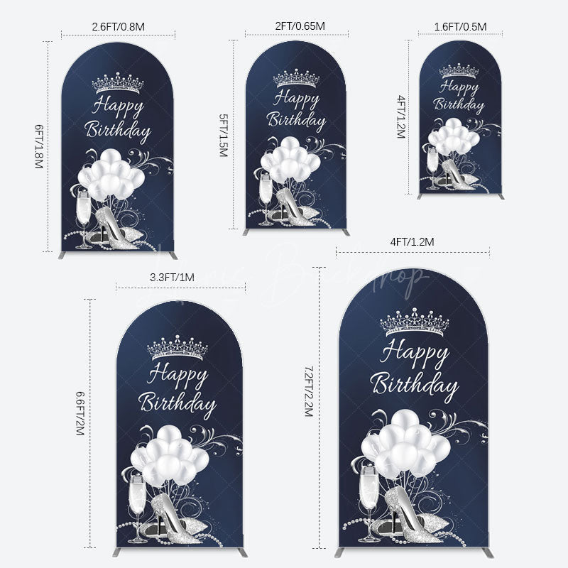 Lofaris Navy Blue Silver Crown Happy Birthday Arch Backdrop