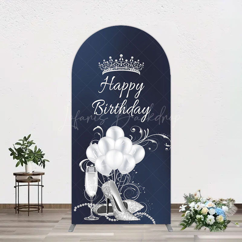 Lofaris Navy Blue Silver Crown Happy Birthday Arch Backdrop