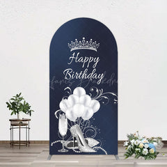 Lofaris Navy Blue Silver Crown Happy Birthday Arch Backdrop