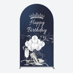 Lofaris Navy Blue Silver Crown Happy Birthday Arch Backdrop